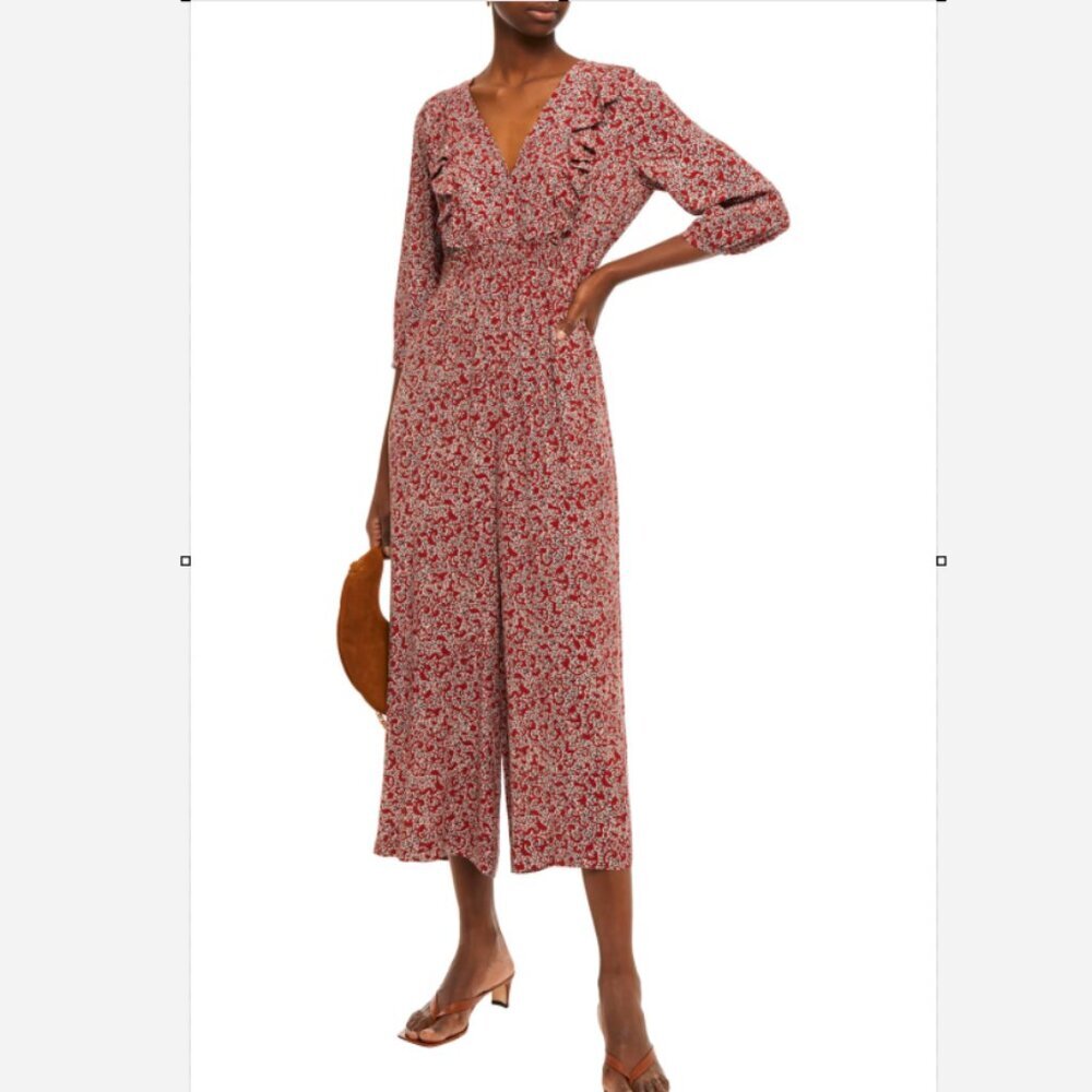 Ba&sh size Medium Red Abstract Floral Ruffle V Neck Wide Leg Cloy Jumpsuit - Picture 1 of 12